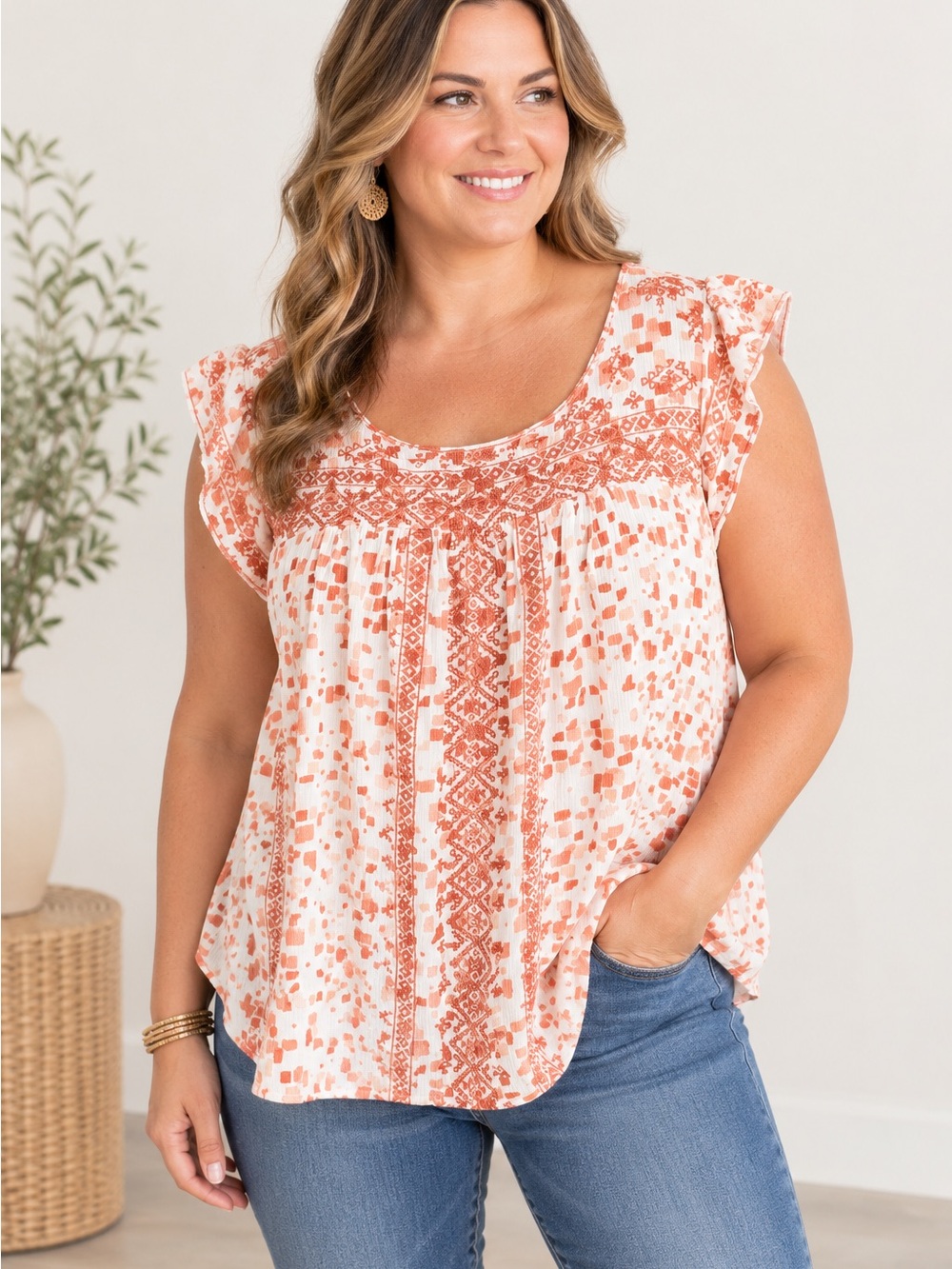 Woven Scoop Neck Flutter Sleeve Top Embroidered in Rust Print